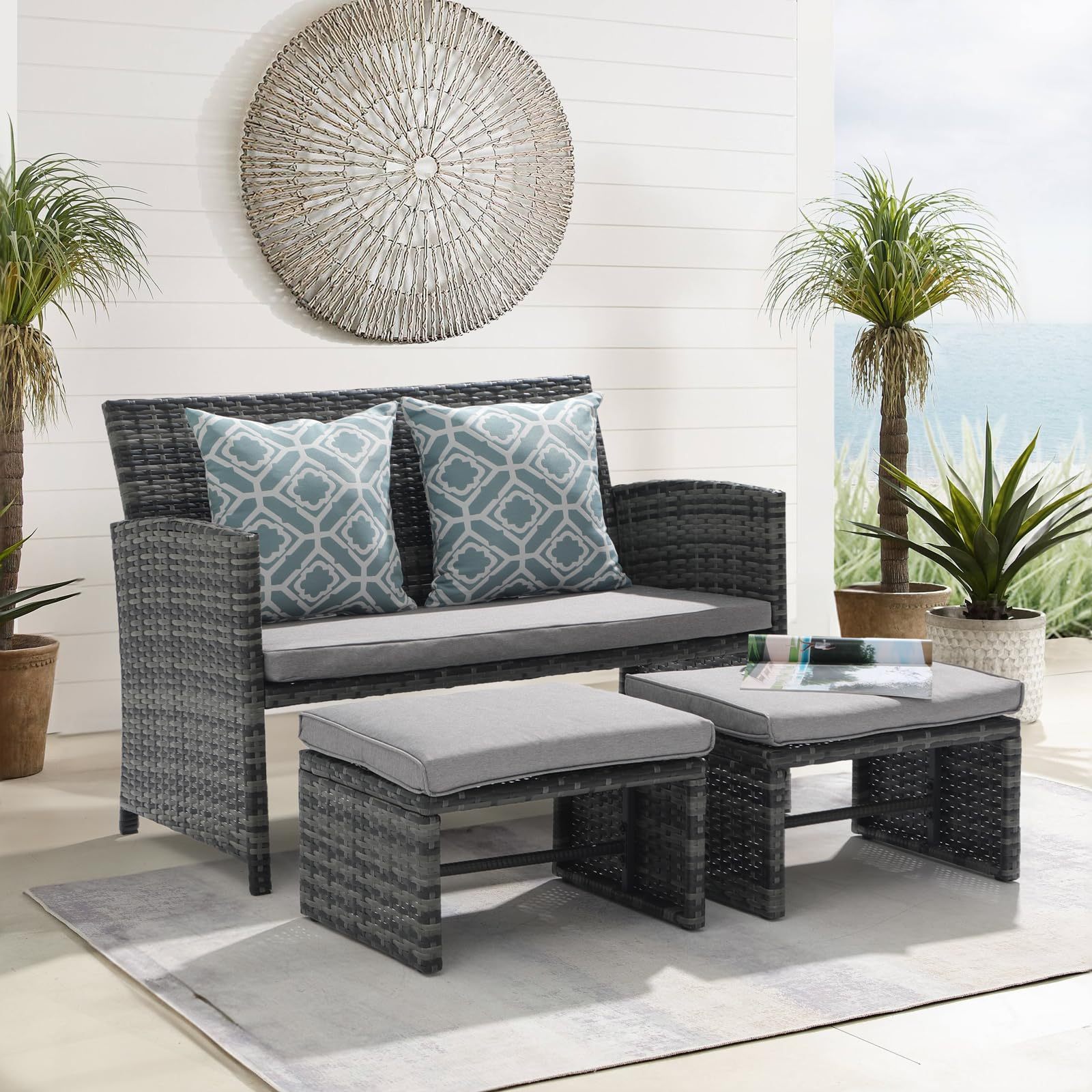 3pcs Small All Weather Wicker Outdoor Loveseat with Ottomans | Orange ...