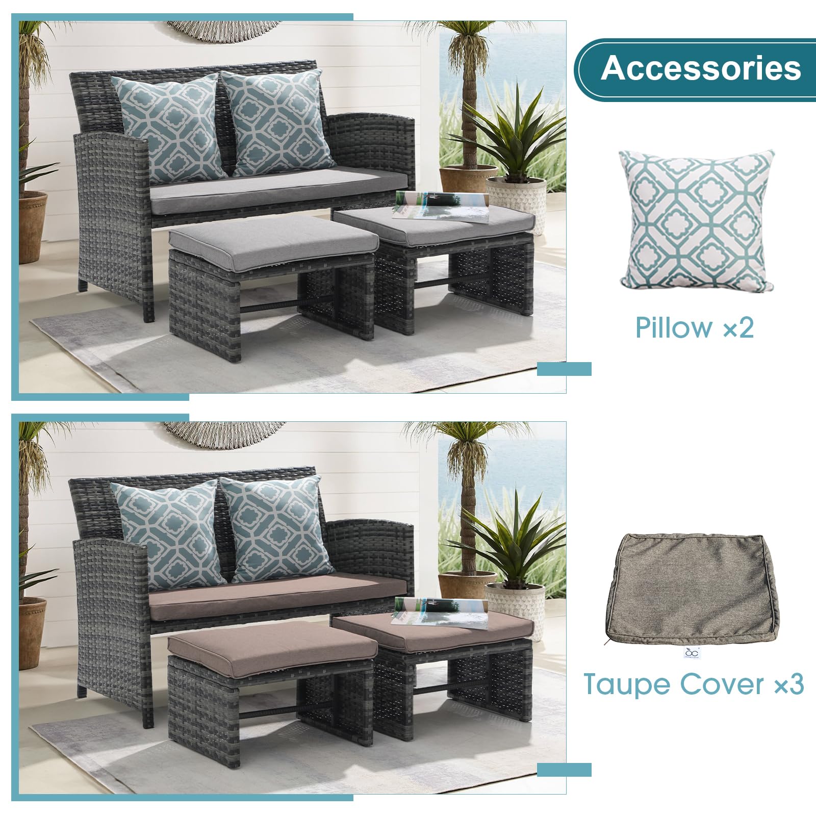 3pcs Wicker Outdoor Loveseat and Ottomans, 2 Cushion Colors