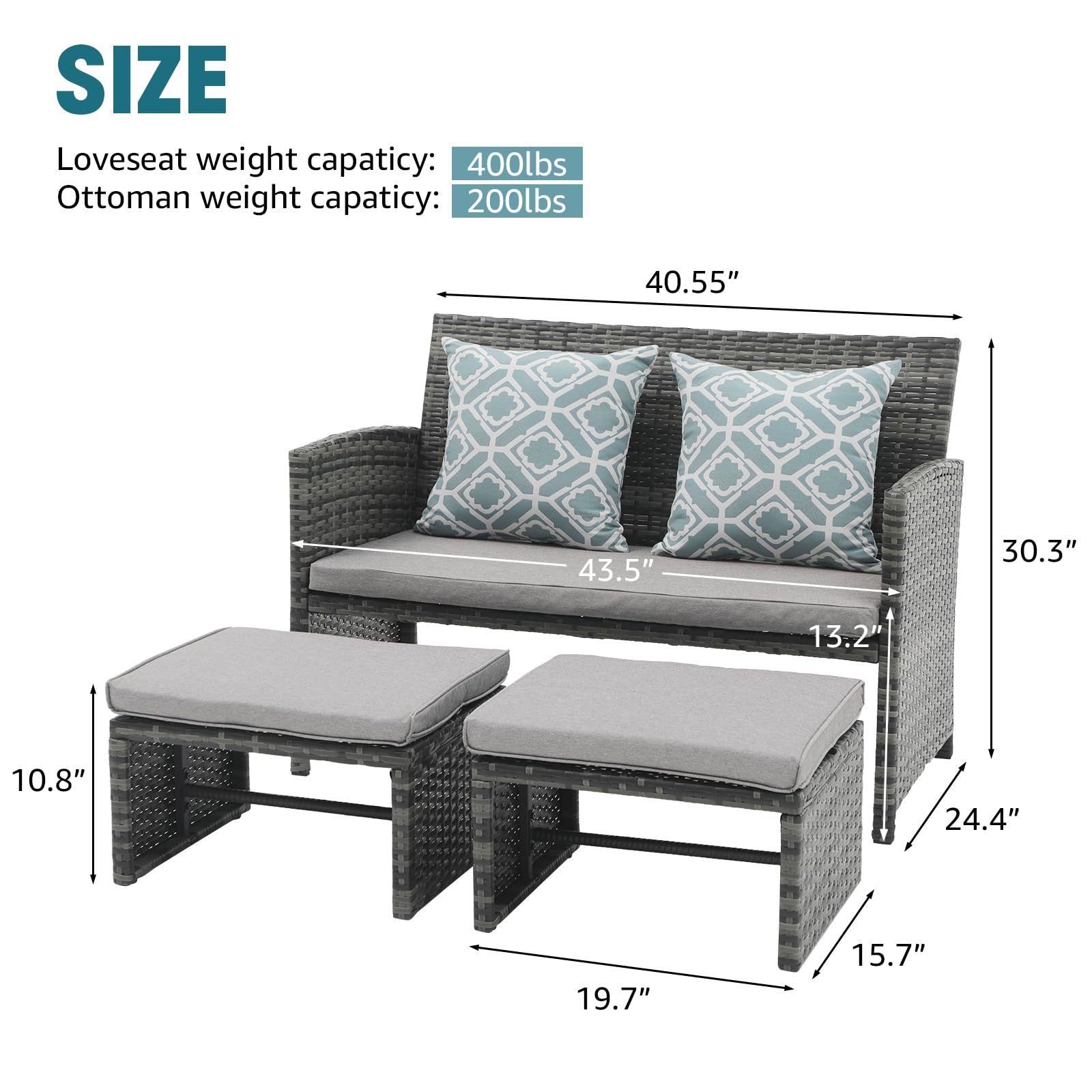 3pcs Wicker Outdoor Loveseat and Ottomans, 2 Cushion Colors