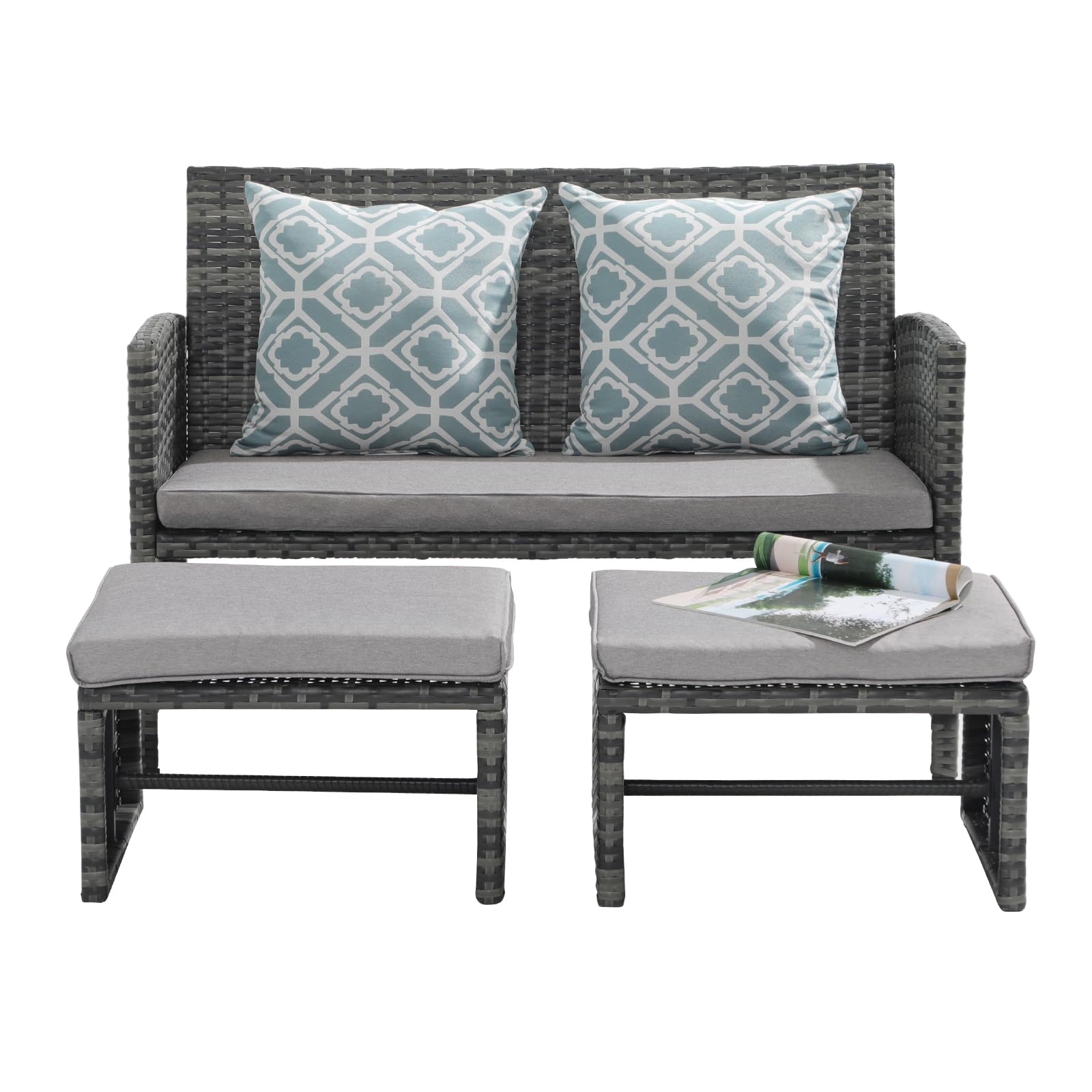 3pcs Wicker Outdoor Loveseat and Ottomans, 2 Cushion Colors