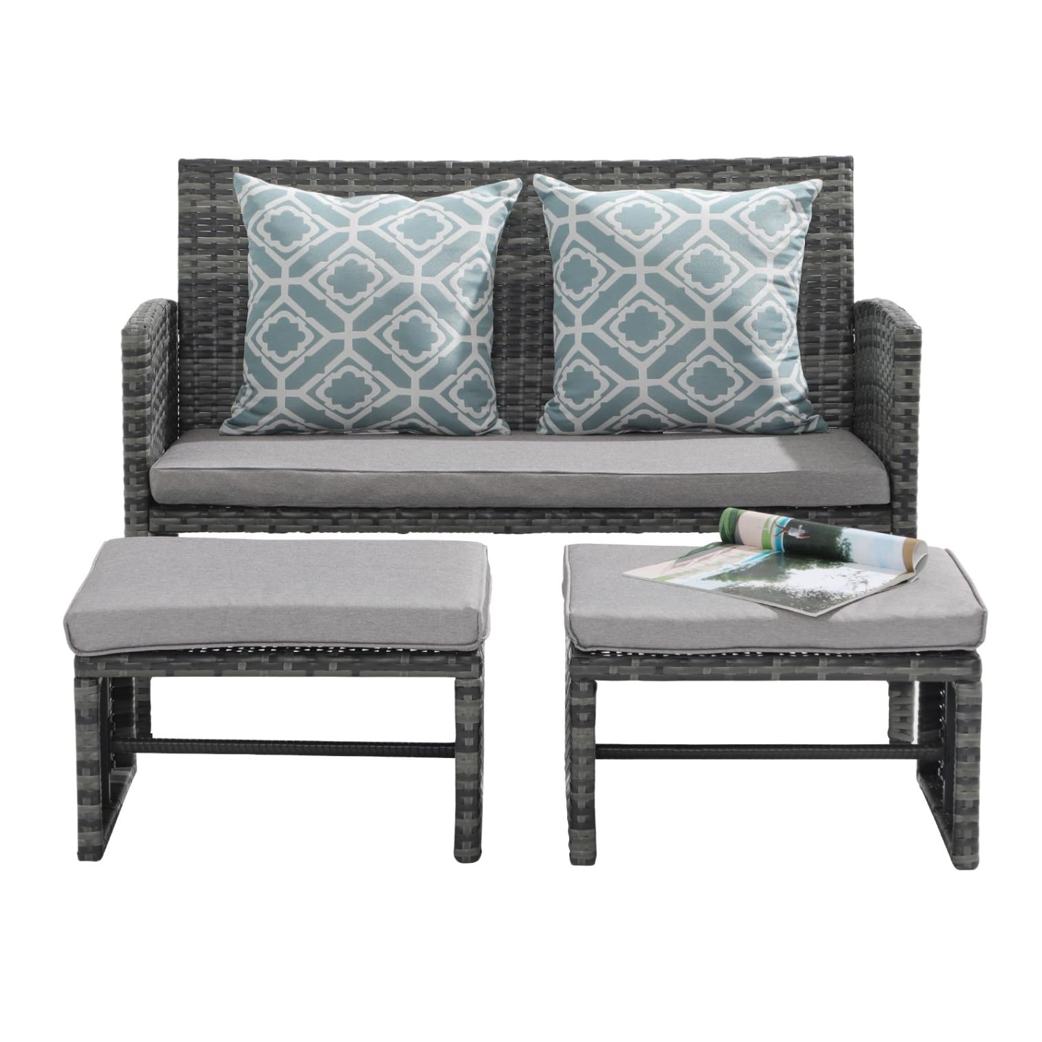 3pcs Small All Weather Wicker Outdoor Loveseat with Ottomans | Orange ...
