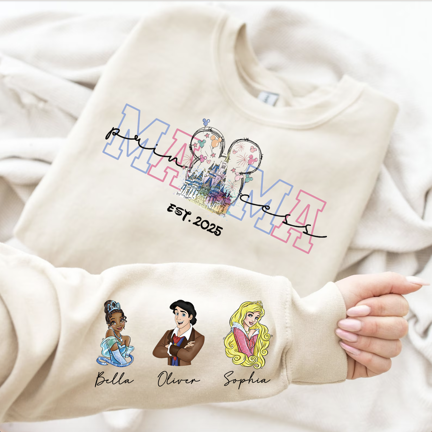 Custom Princess Mama  Sweatshirt With Kids Names Sleeve