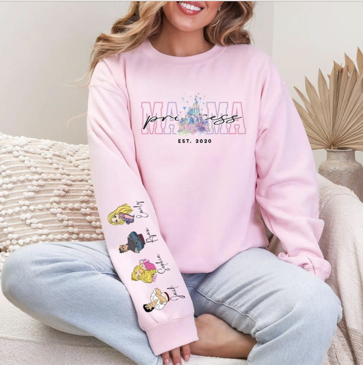 Custom Princess Mama  Sweatshirt With Kids Names Sleeve