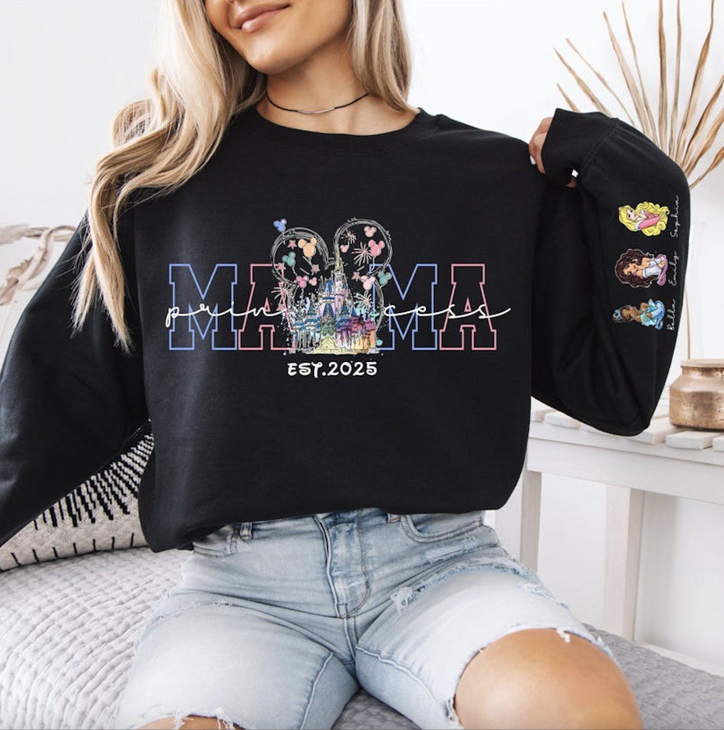 Custom Princess Mama  Sweatshirt With Kids Names Sleeve