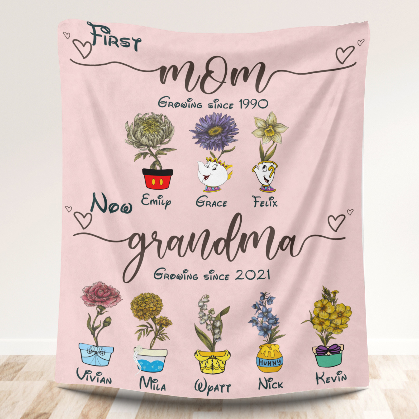 Personalized First Mom Now Grandma Birth Month Flower Blanket