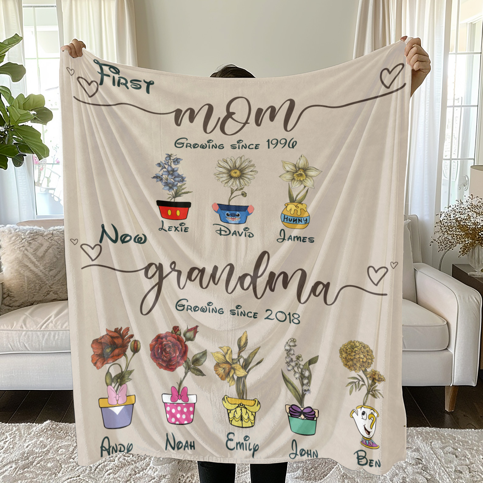 Personalized First Mom Now Grandma Birth Month Flower Blanket