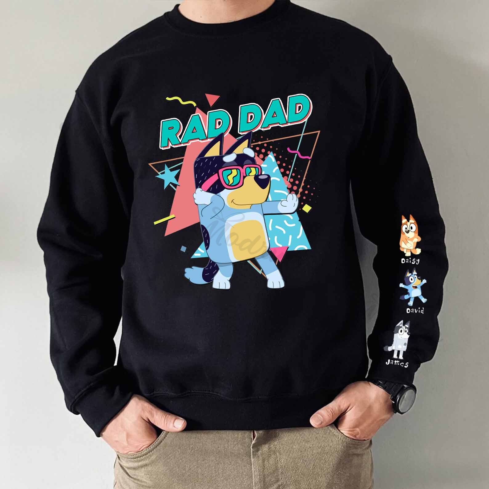 Custom Cartoon DAD Sweatshirt with Kid's Name on Sleeve