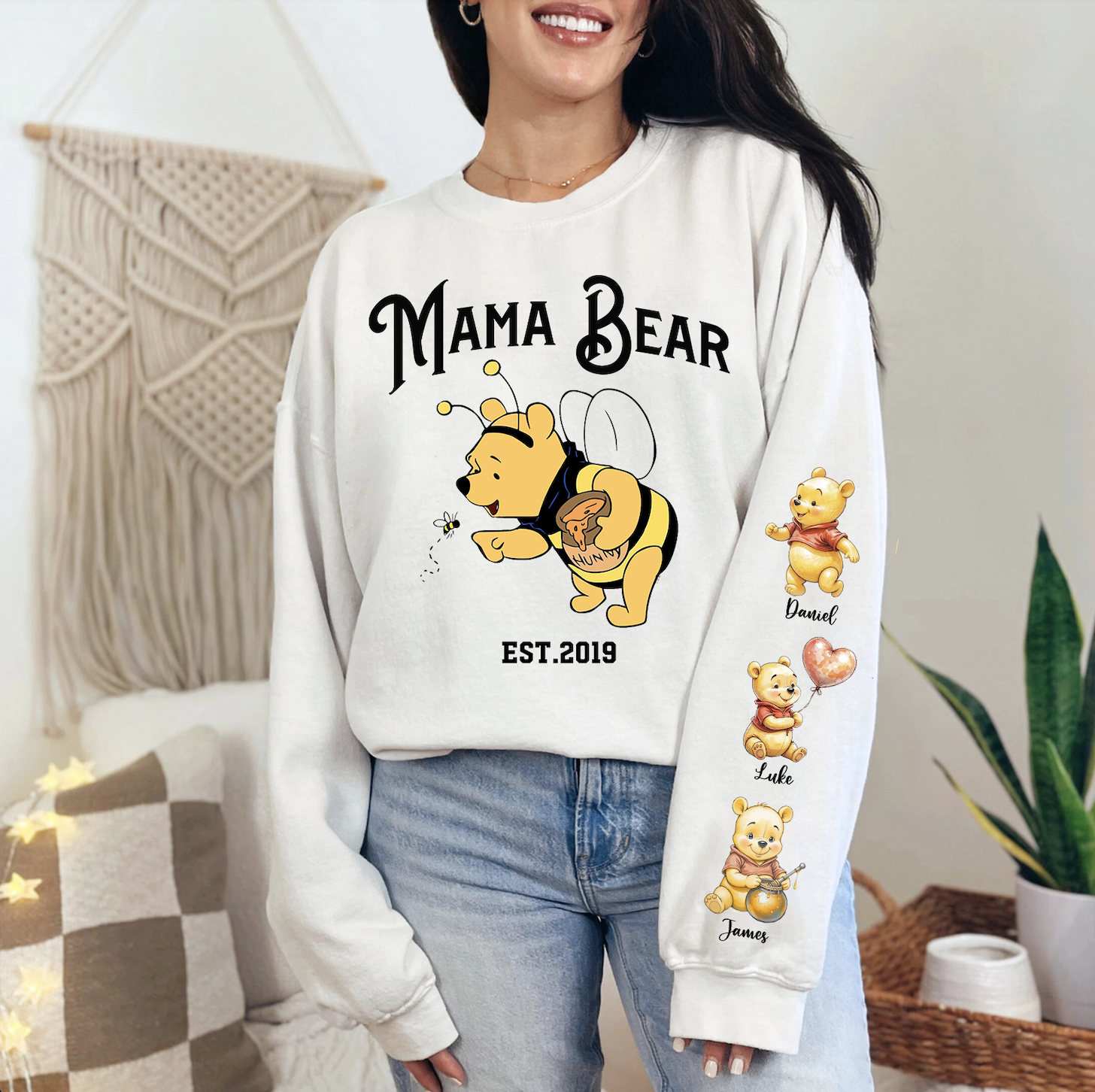 Mama Bee Sweatshirt with Bear Kids on Sleeve - Custom Mama Sweatshirt