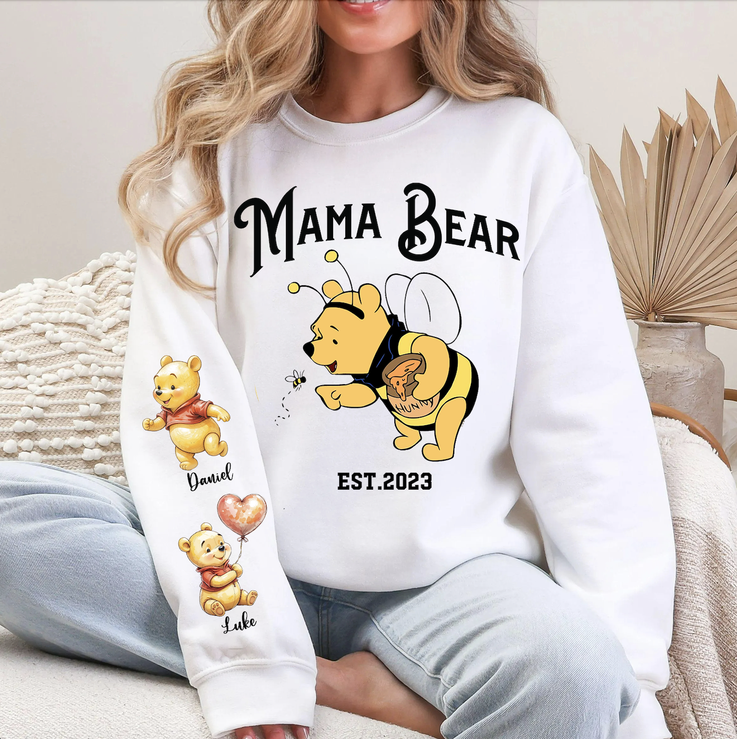Mama Bee Sweatshirt with Bear Kids on Sleeve - Custom Mama Sweatshirt