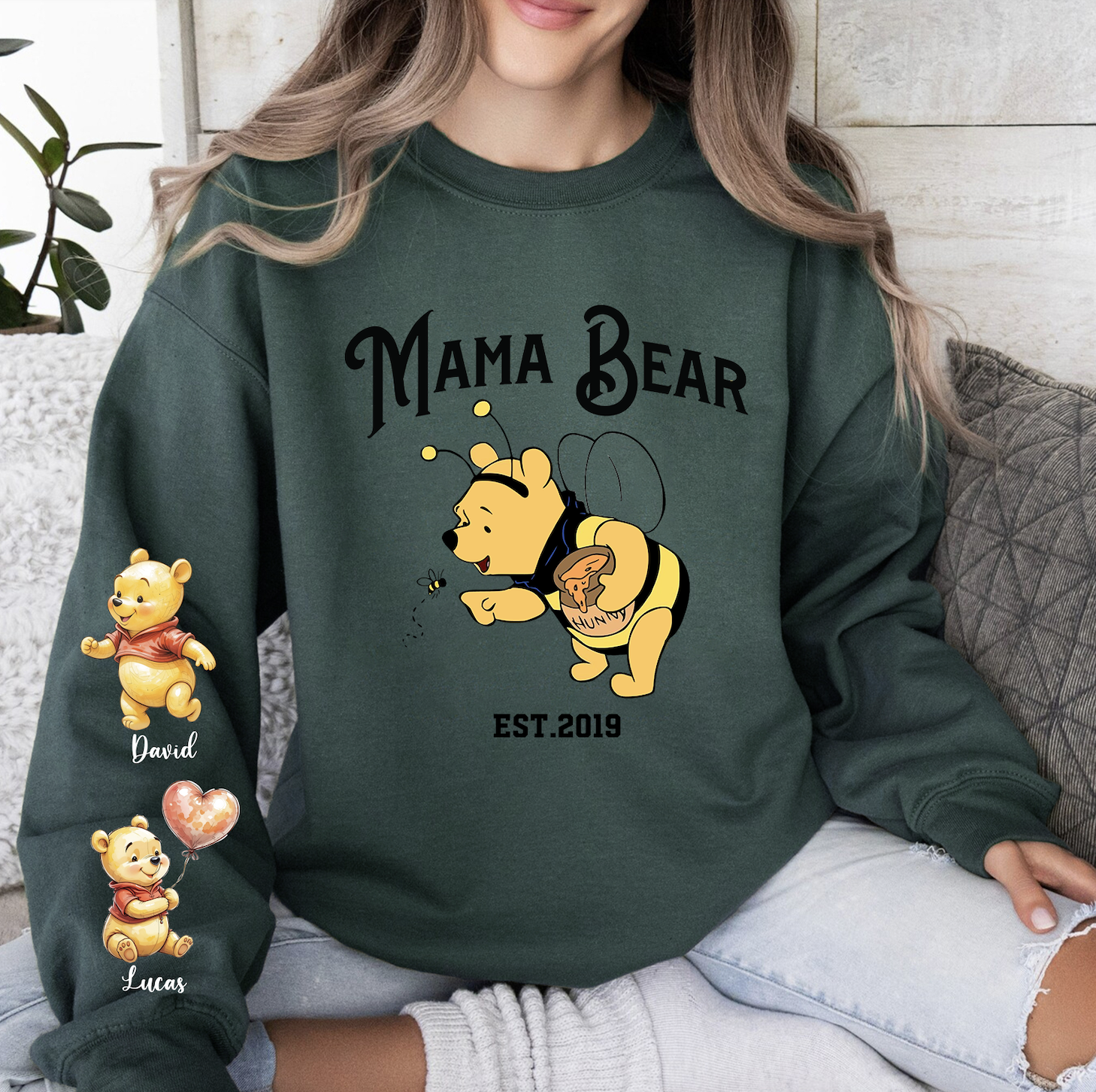 Mama Bee Sweatshirt with Bear Kids on Sleeve - Custom Mama Sweatshirt