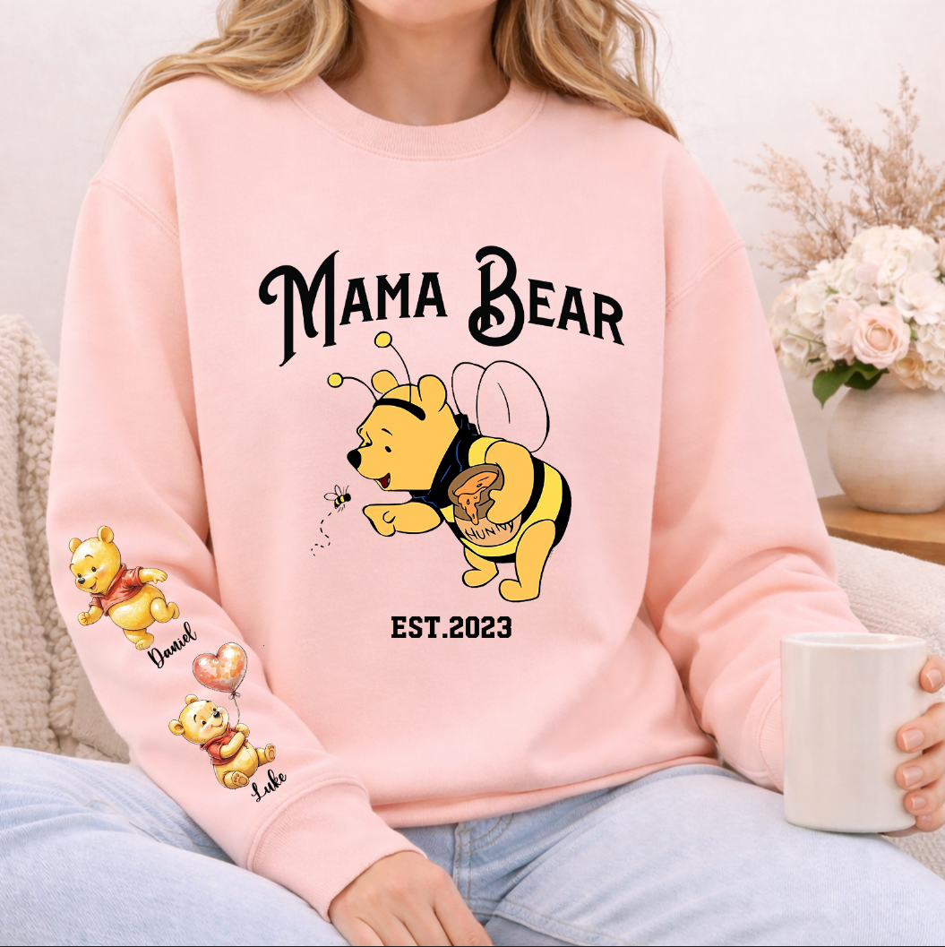 Mama Bee Sweatshirt with Bear Kids on Sleeve - Custom Mama Sweatshirt