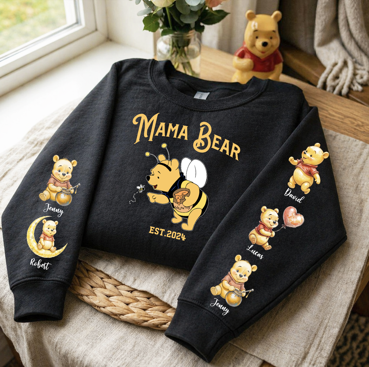 Mama Bee Sweatshirt with Bear Kids on Sleeve - Custom Mama Sweatshirt