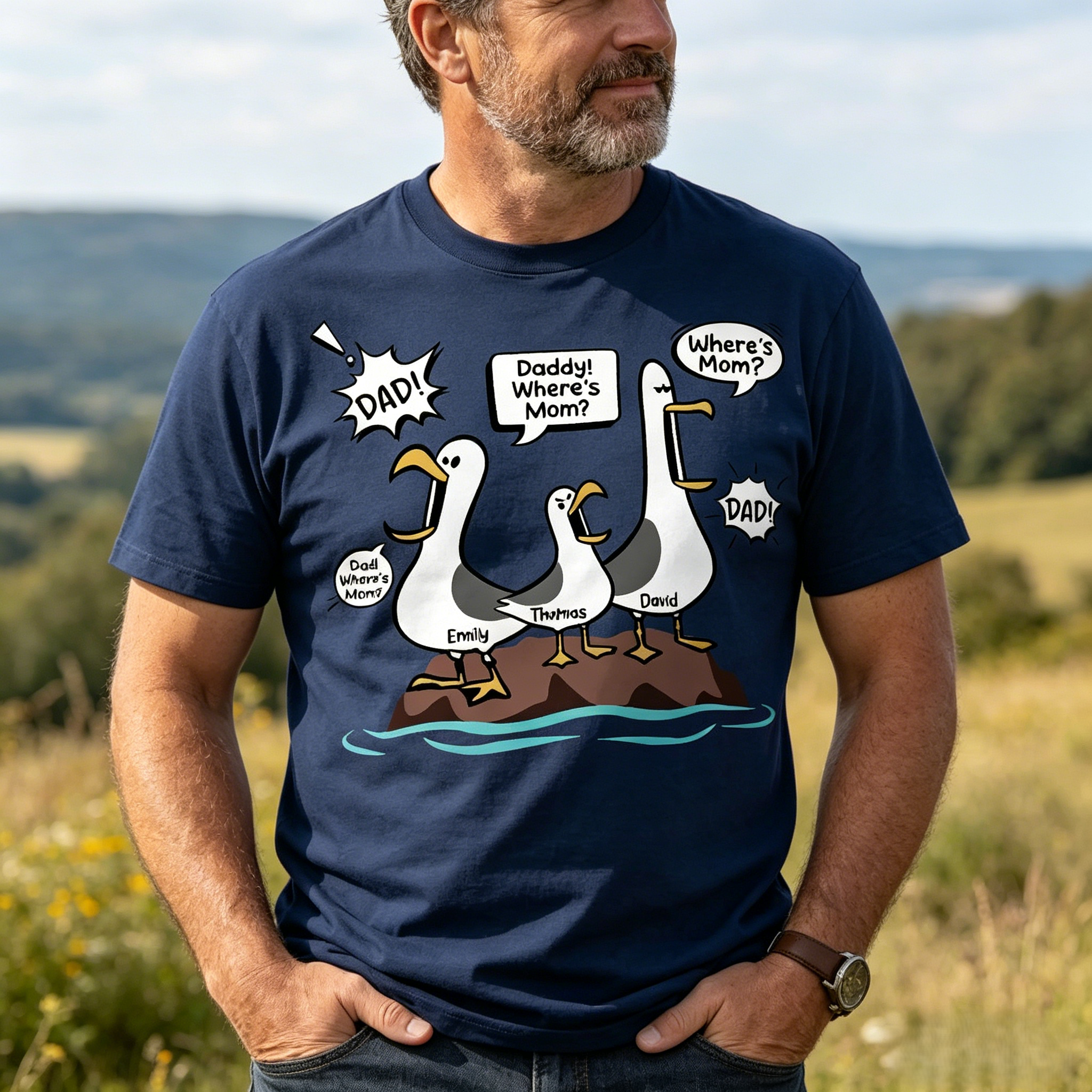 Personalized "Where's Mom?" Seagull Dad Shirt - Custom Kids Names Funny Father’s Day Gift Tee