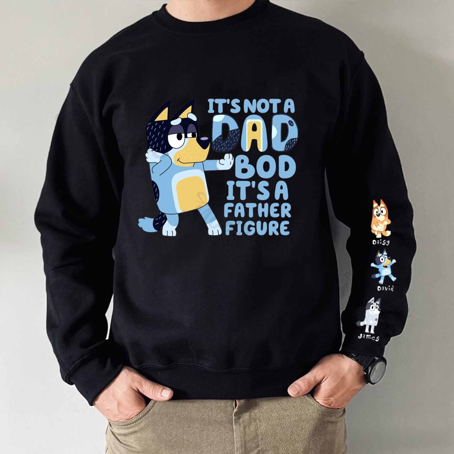 Custom Father Figure Cartoon Sweatshirt with Kid's Name on Sleeve