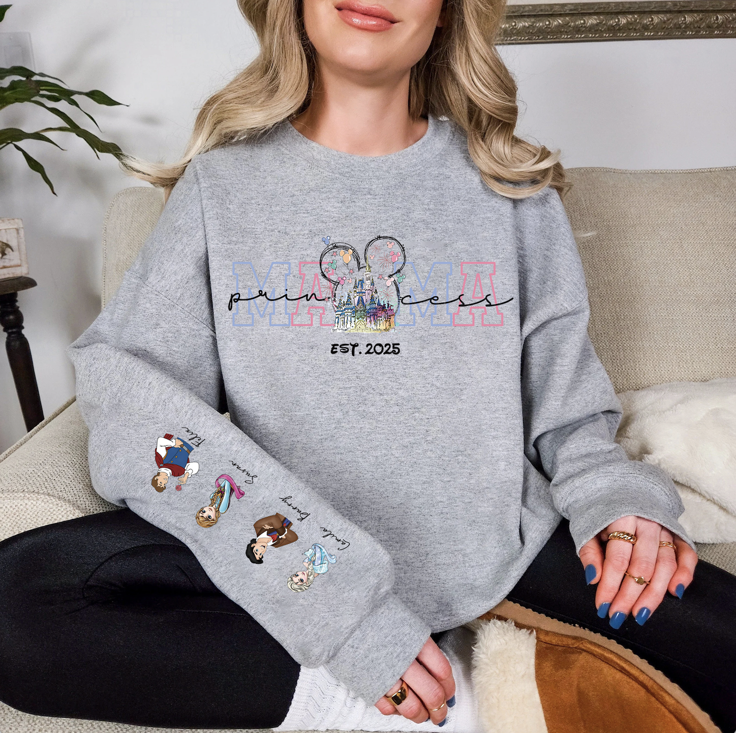 Custom Princess Mama  Sweatshirt With Kids Names Sleeve