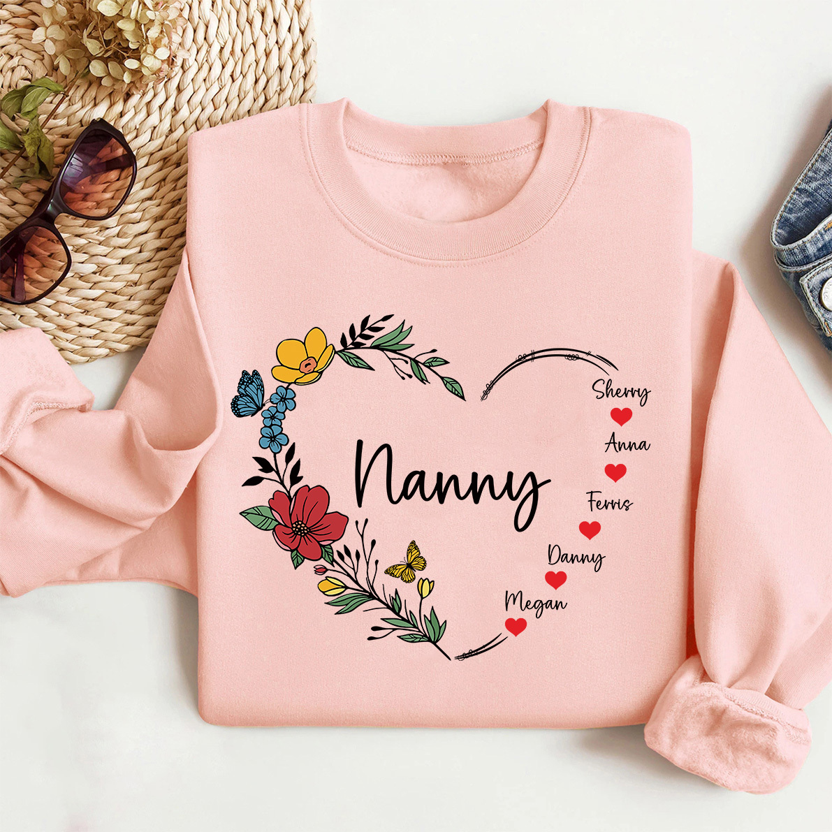 Custom Mama Floral Heart Sweatshirt With Kids Name