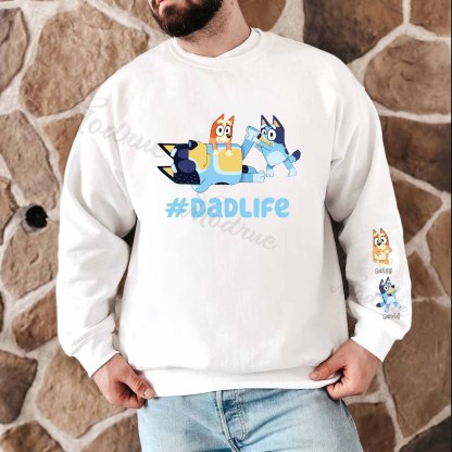 Custom Cartoon Dad Sweatshirt with Kid's Name on Sleeve