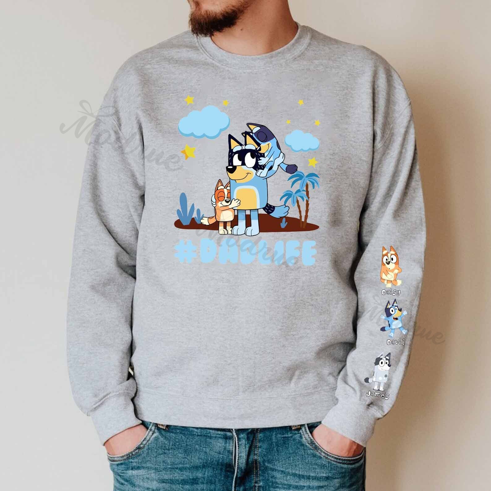Custom Dadlife Cartoon Sweatshirt with Kid's Name on Sleeve