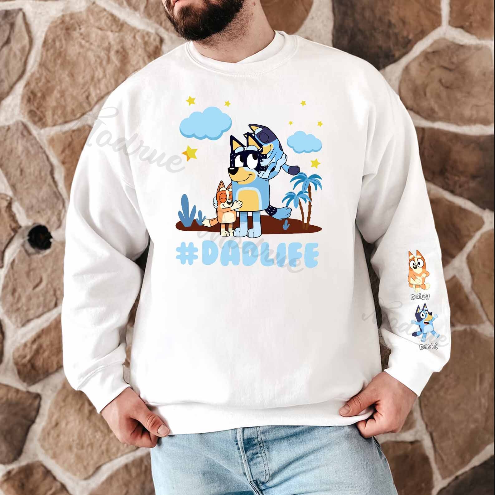 Custom Dadlife Cartoon Sweatshirt with Kid's Name on Sleeve
