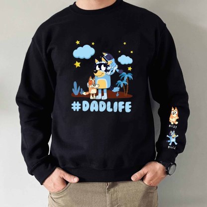 Custom Dadlife Cartoon Sweatshirt with Kid's Name on Sleeve