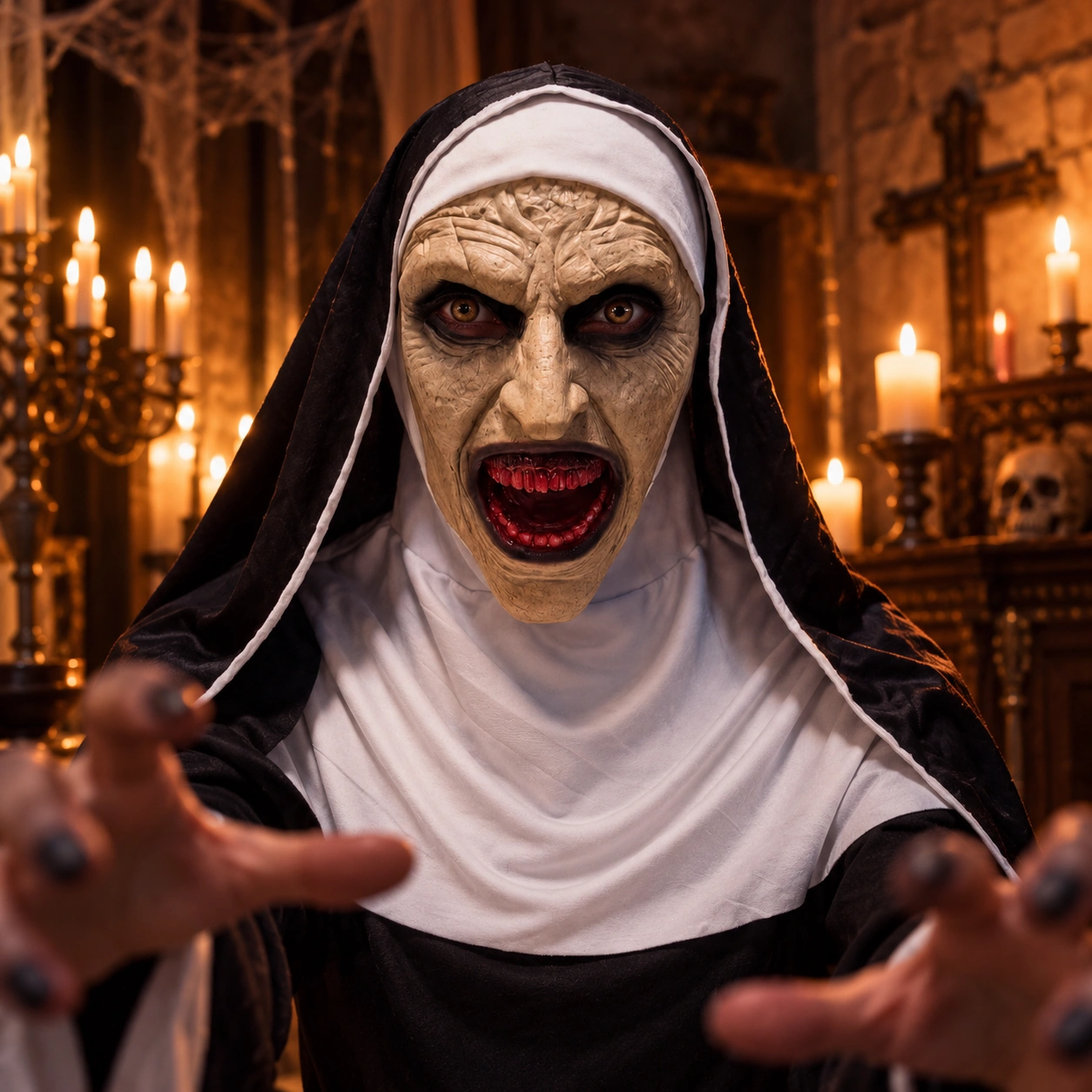 The Nun Valak Demonic Nun Silicone Mask with Habit Wearing Real Eyes