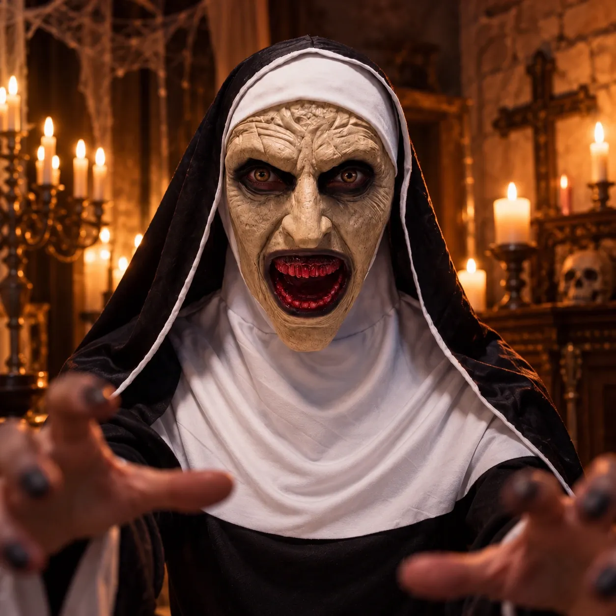The Nun Valak Demonic Nun Silicone Mask with Habit Wearing Real Eyes