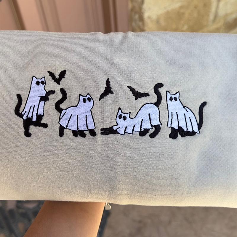 Embroidered Halloween Ghost Cat Sweatshirrt