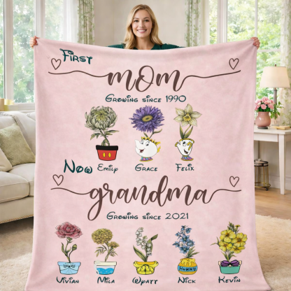 Personalized First Mom Now Grandma Birth Month Flower Blanket
