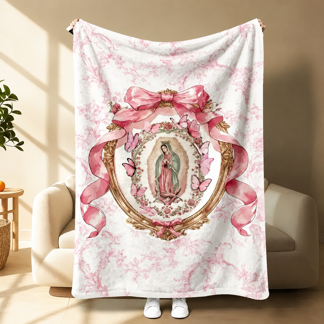 Virgin Mary Lady of Guadalupe Pink Bow Plush Blanket