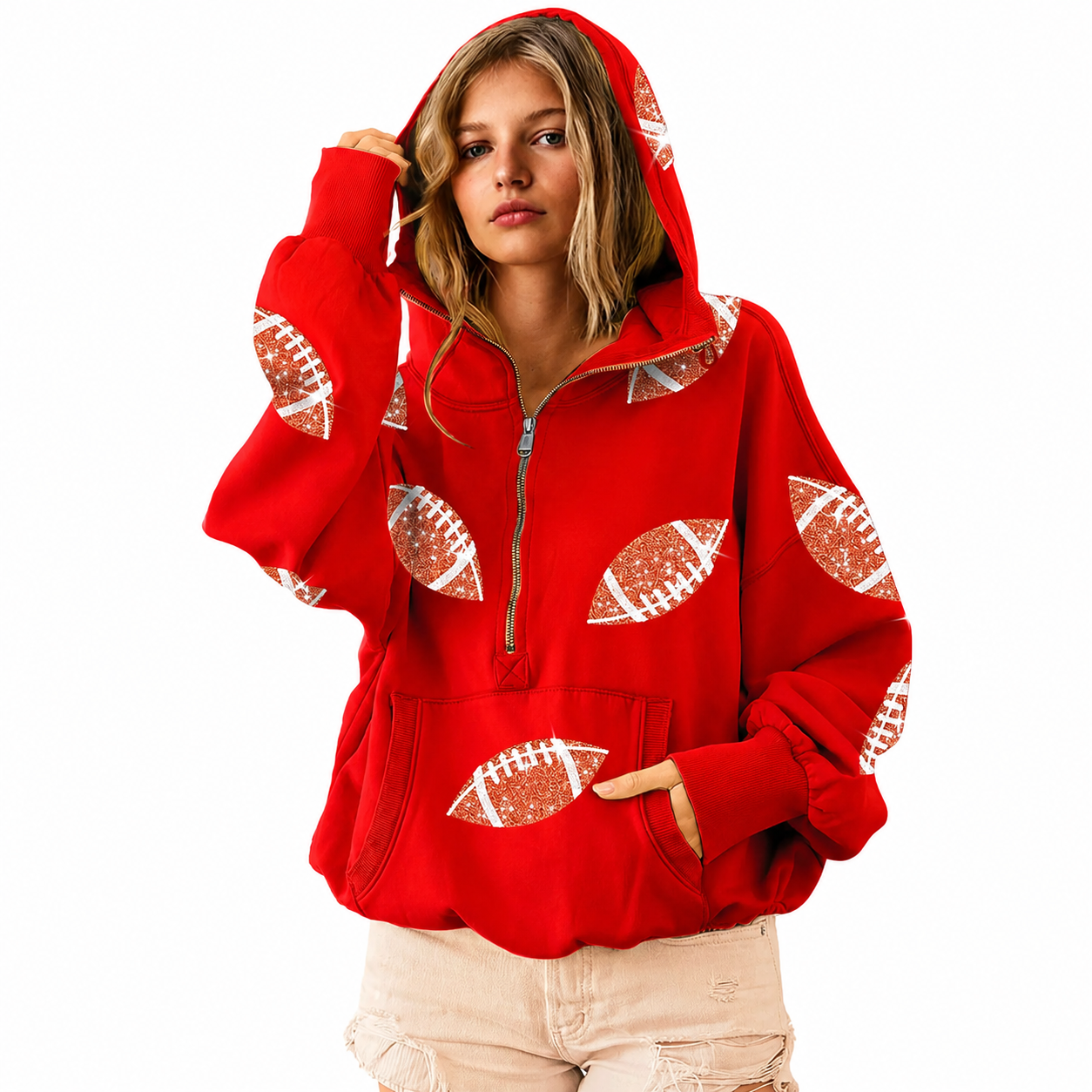 Game Day Sparkle - Sequin Football Half-Zip Hoodie