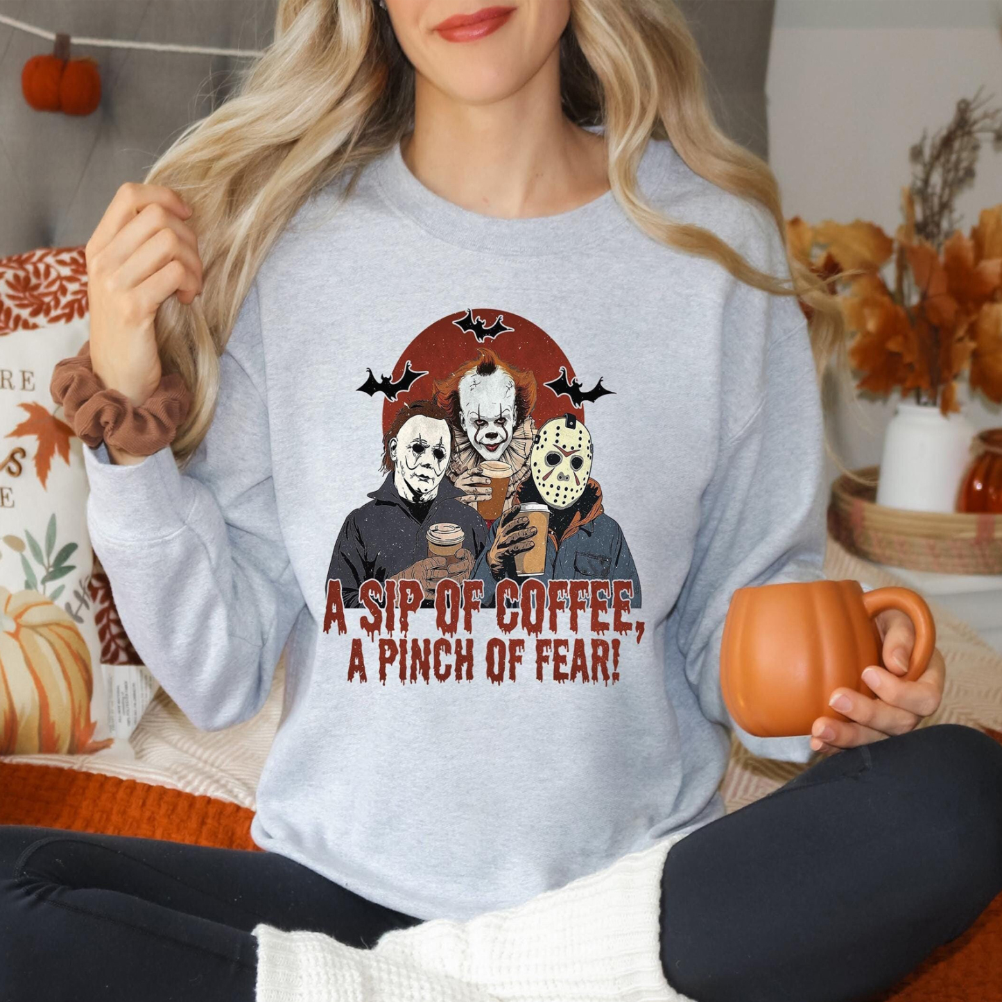 A Sip of Coffee A Pinch of Fear Sweater, Halloween Horror Characters T-shirt