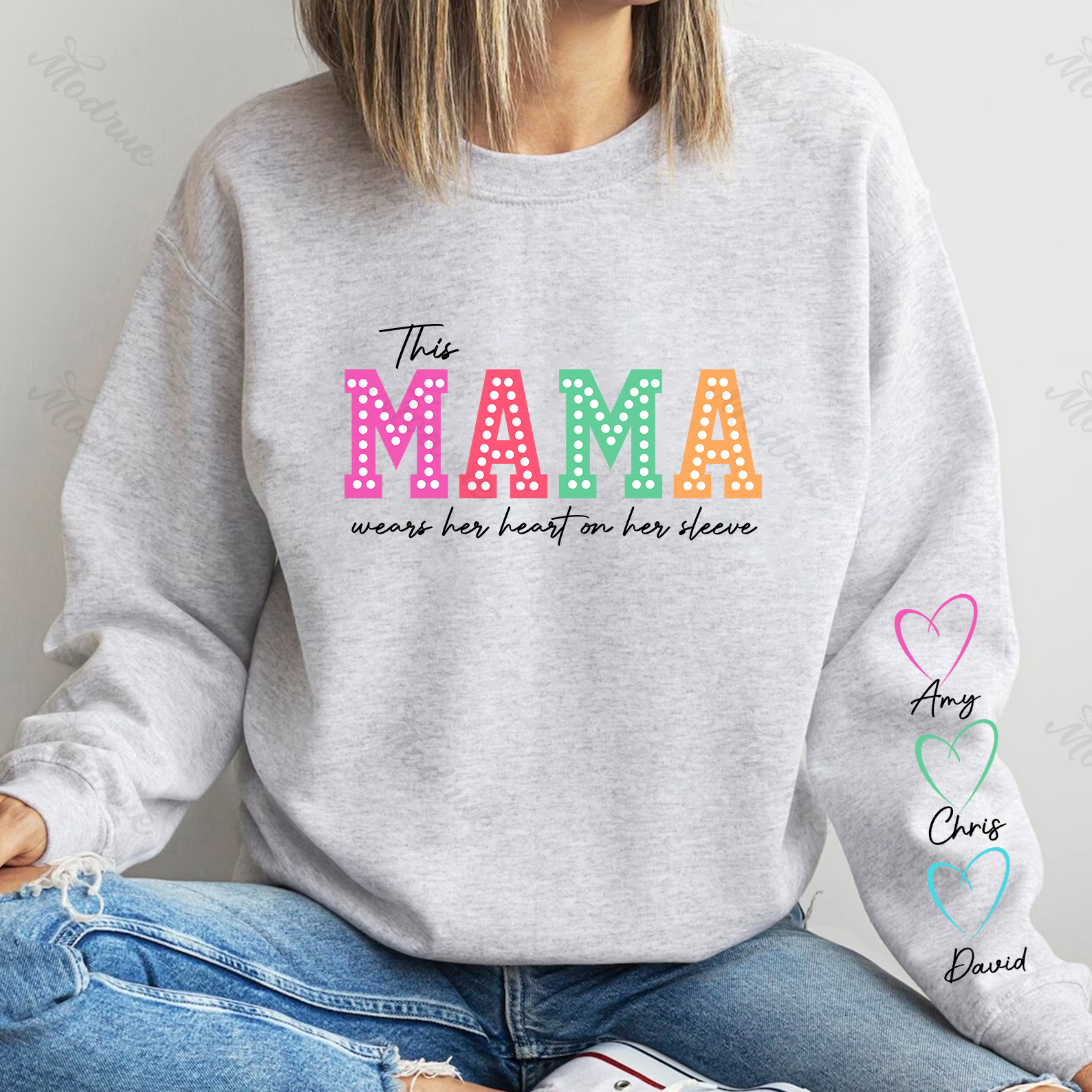 This Mama/Grandma/Nana Wears Her Heart on Her Sleeve Custom Kids Names Sweatshirt