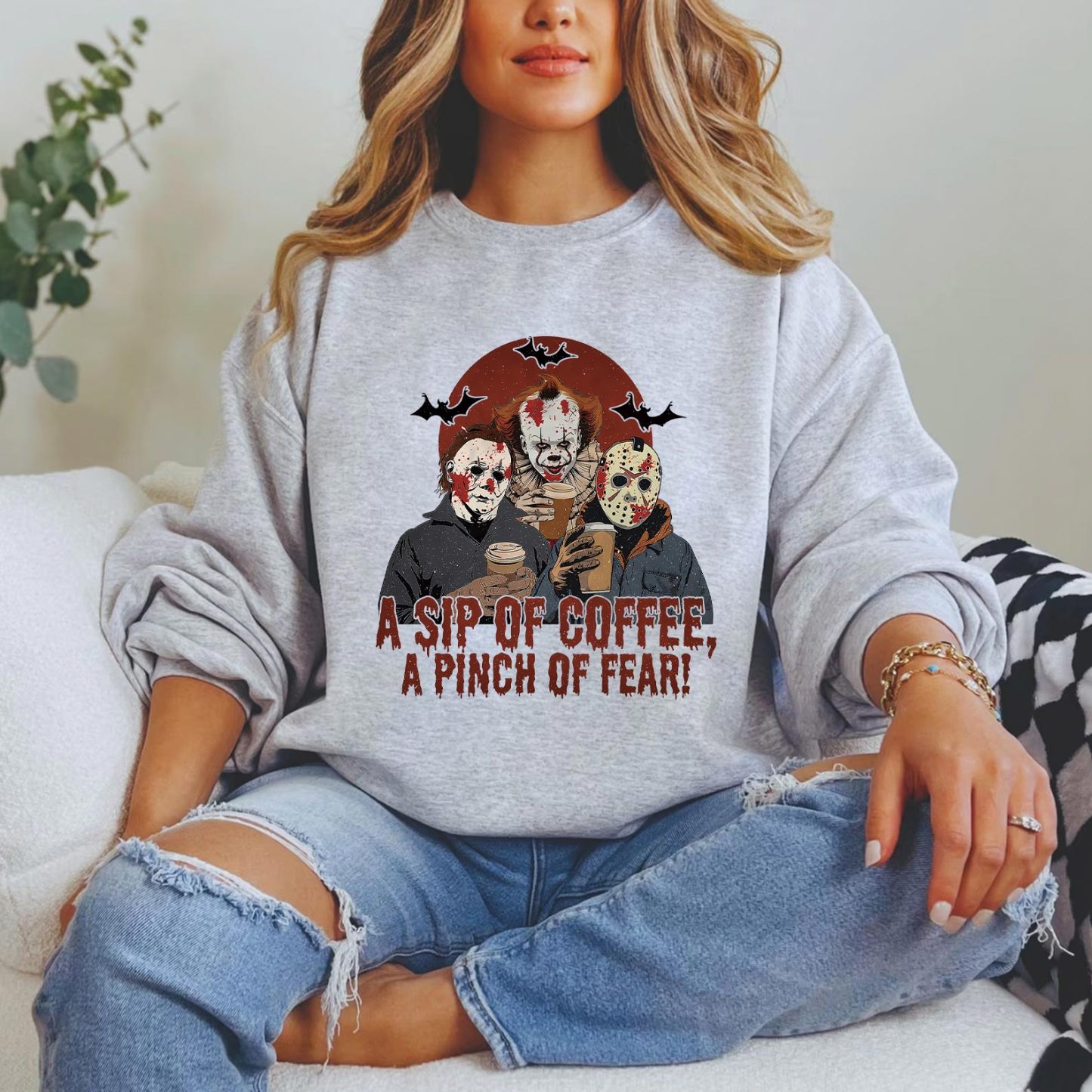 A Sip of Coffee A Pinch of Fear Sweater, Halloween Horror Characters T-shirt