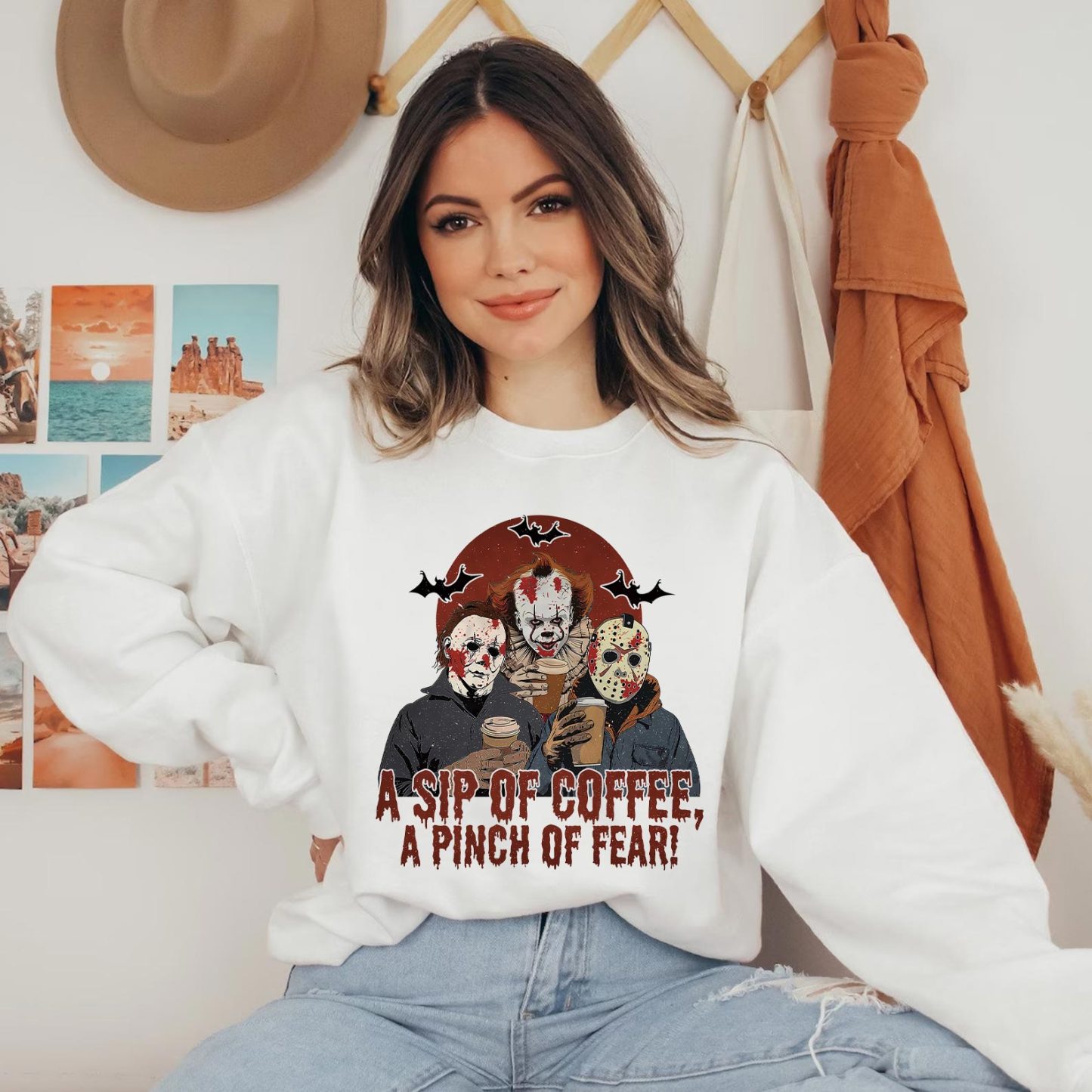 A Sip of Coffee A Pinch of Fear Sweater, Halloween Horror Characters T-shirt