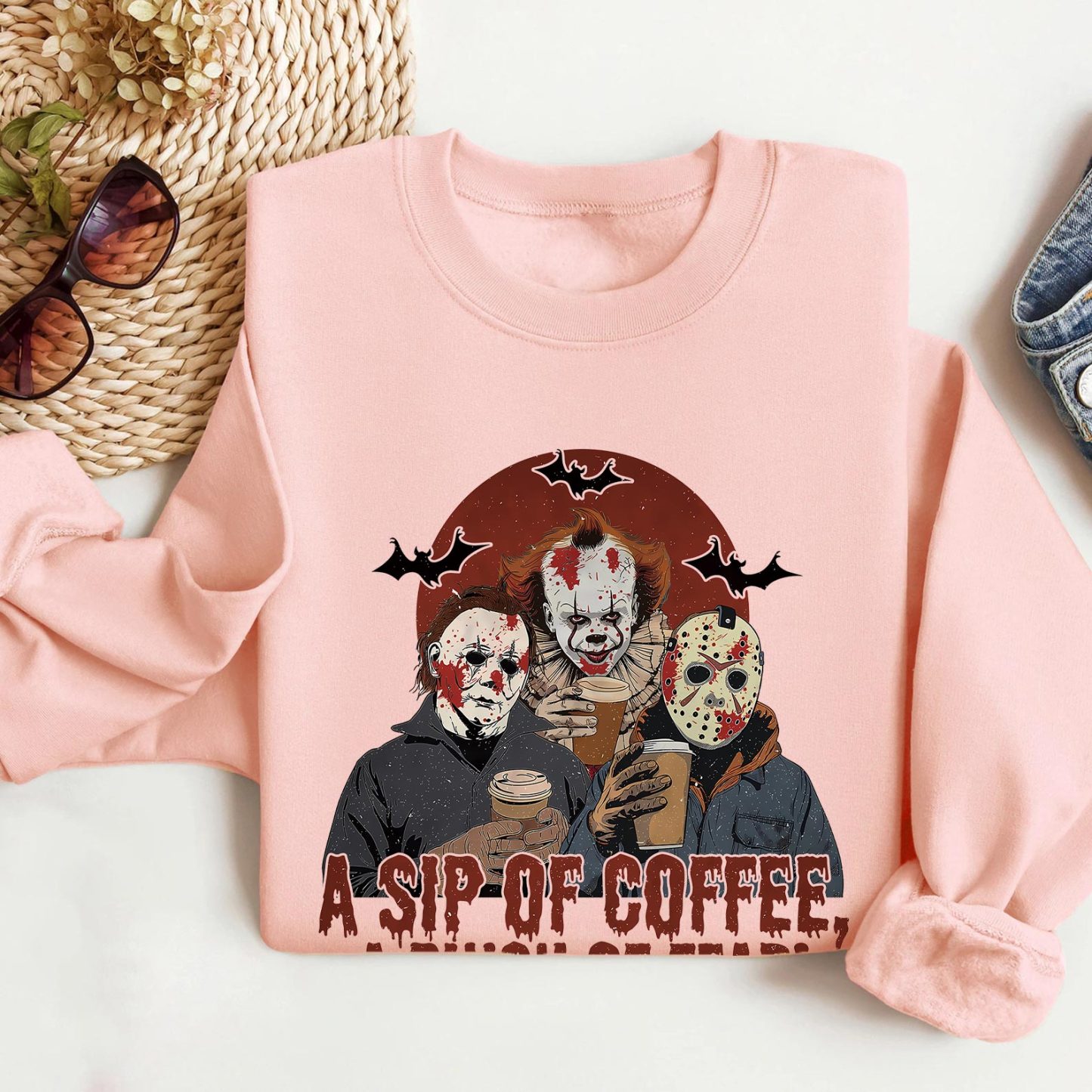 A Sip of Coffee A Pinch of Fear Sweater, Halloween Horror Characters T-shirt