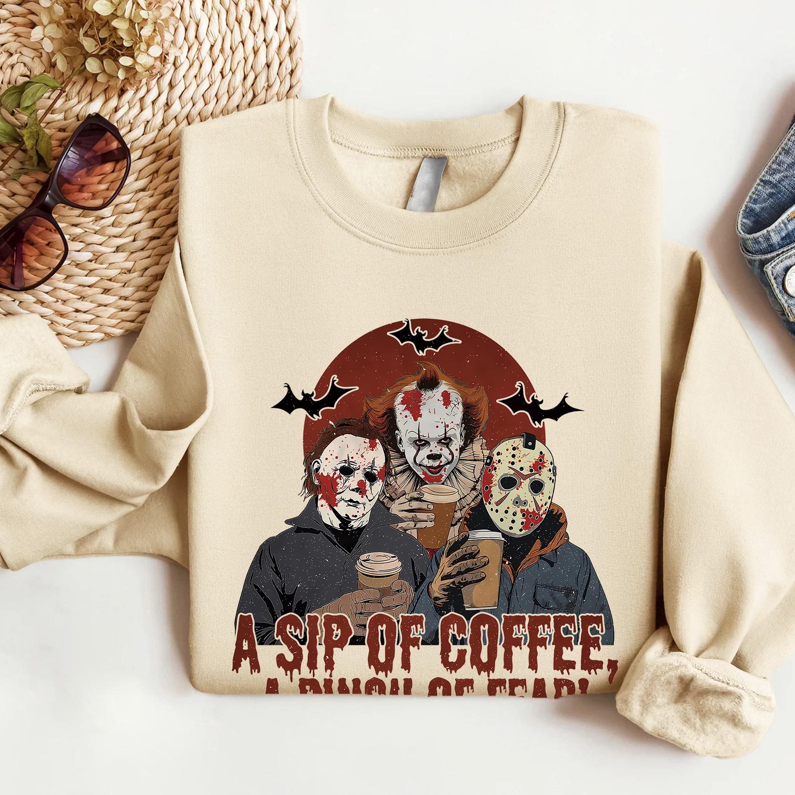 A Sip of Coffee A Pinch of Fear Sweater, Halloween Horror Characters T-shirt