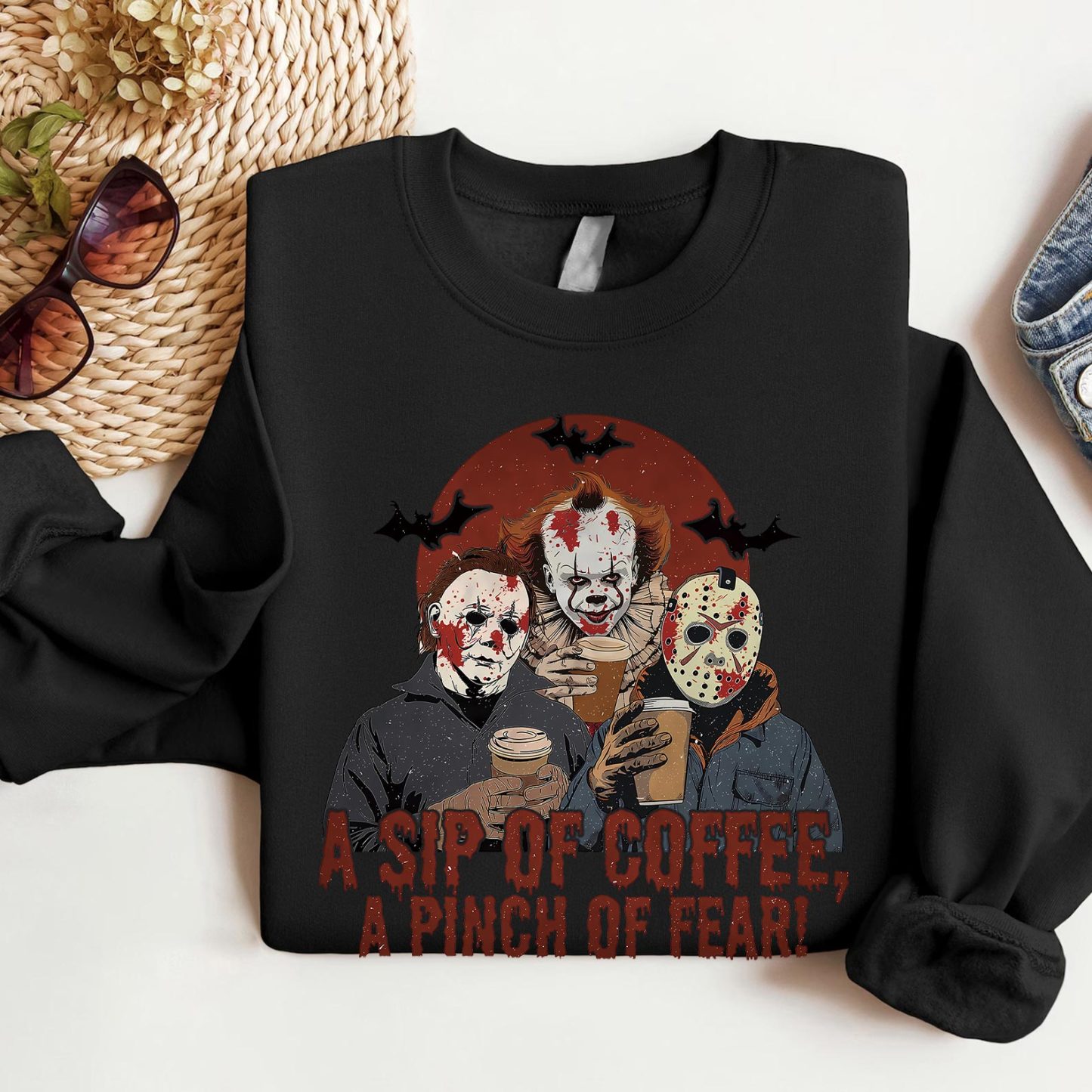 A Sip of Coffee A Pinch of Fear Sweater, Halloween Horror Characters T-shirt