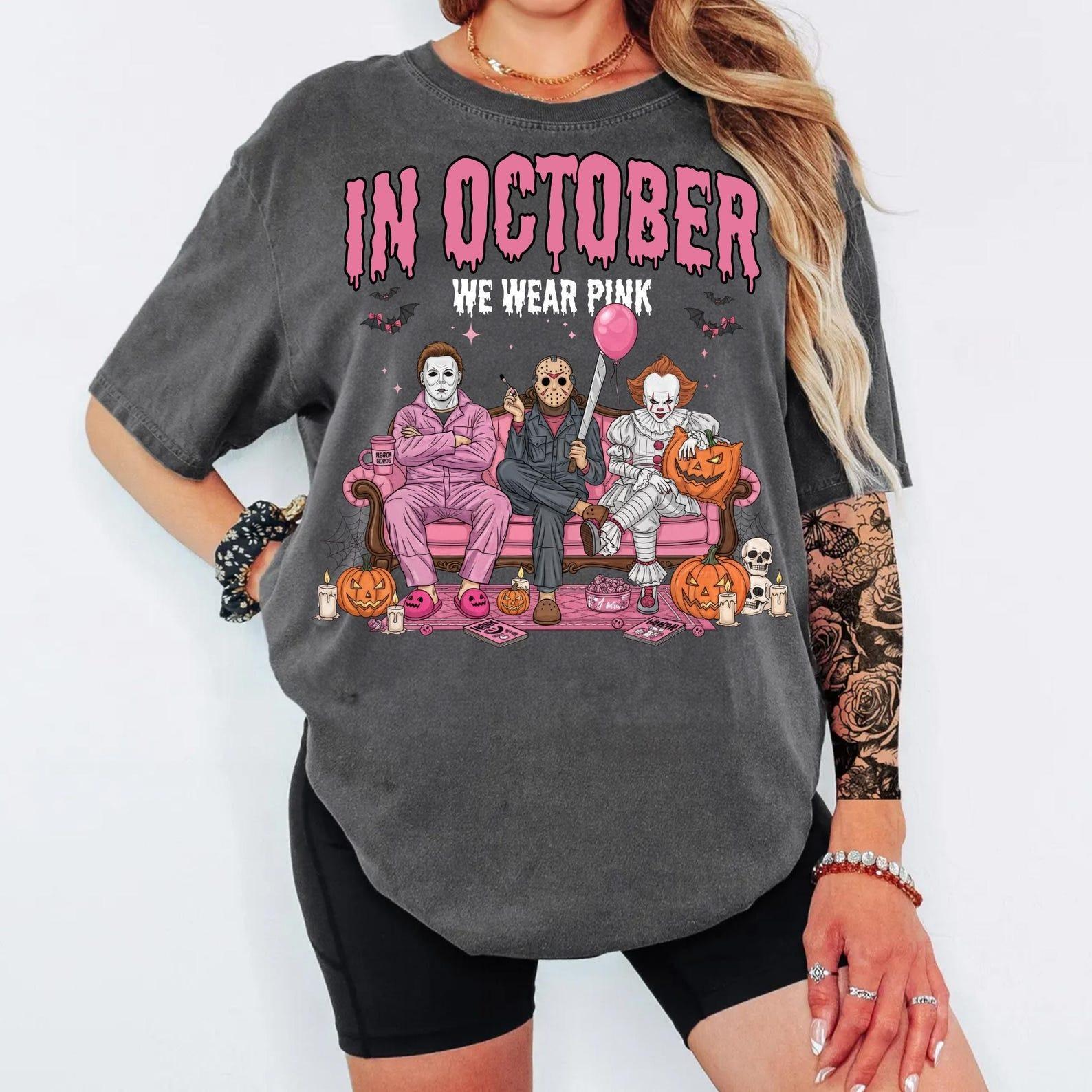 In October We Wear Pink Horror Characters Shirt