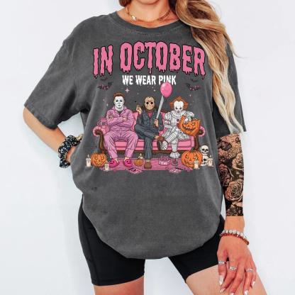 In October We Wear Pink Horror Characters Shirt