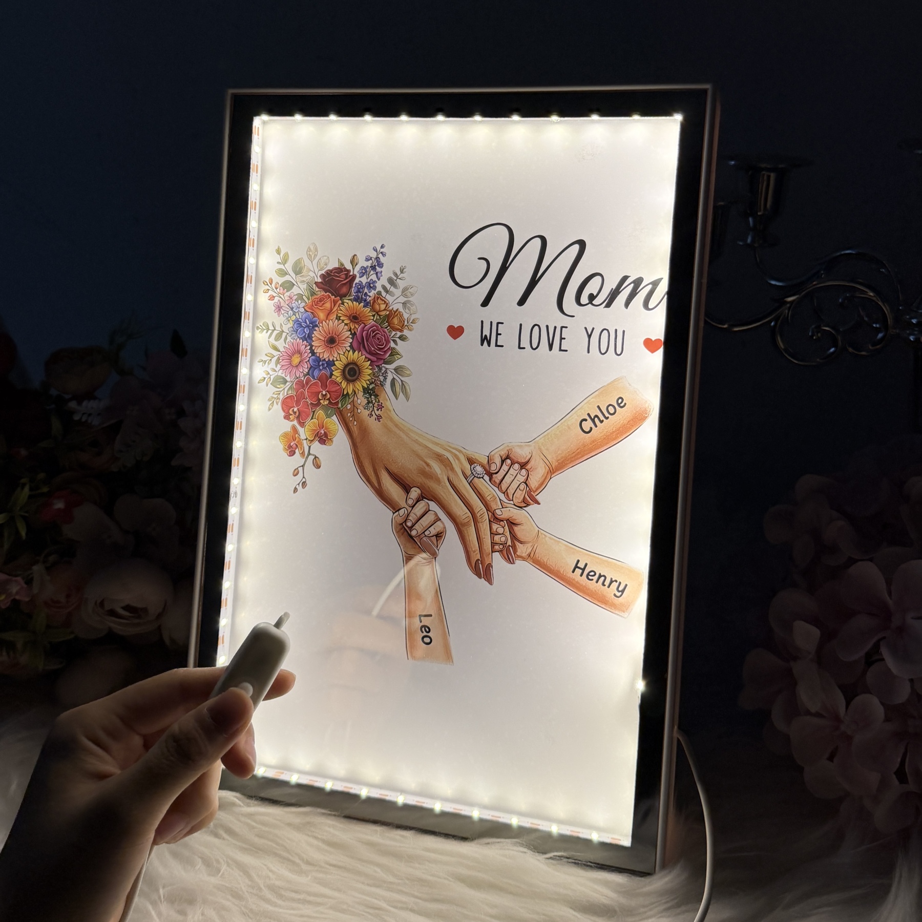 Personalized Mommy and Children Holding Hands Mirror Light Box