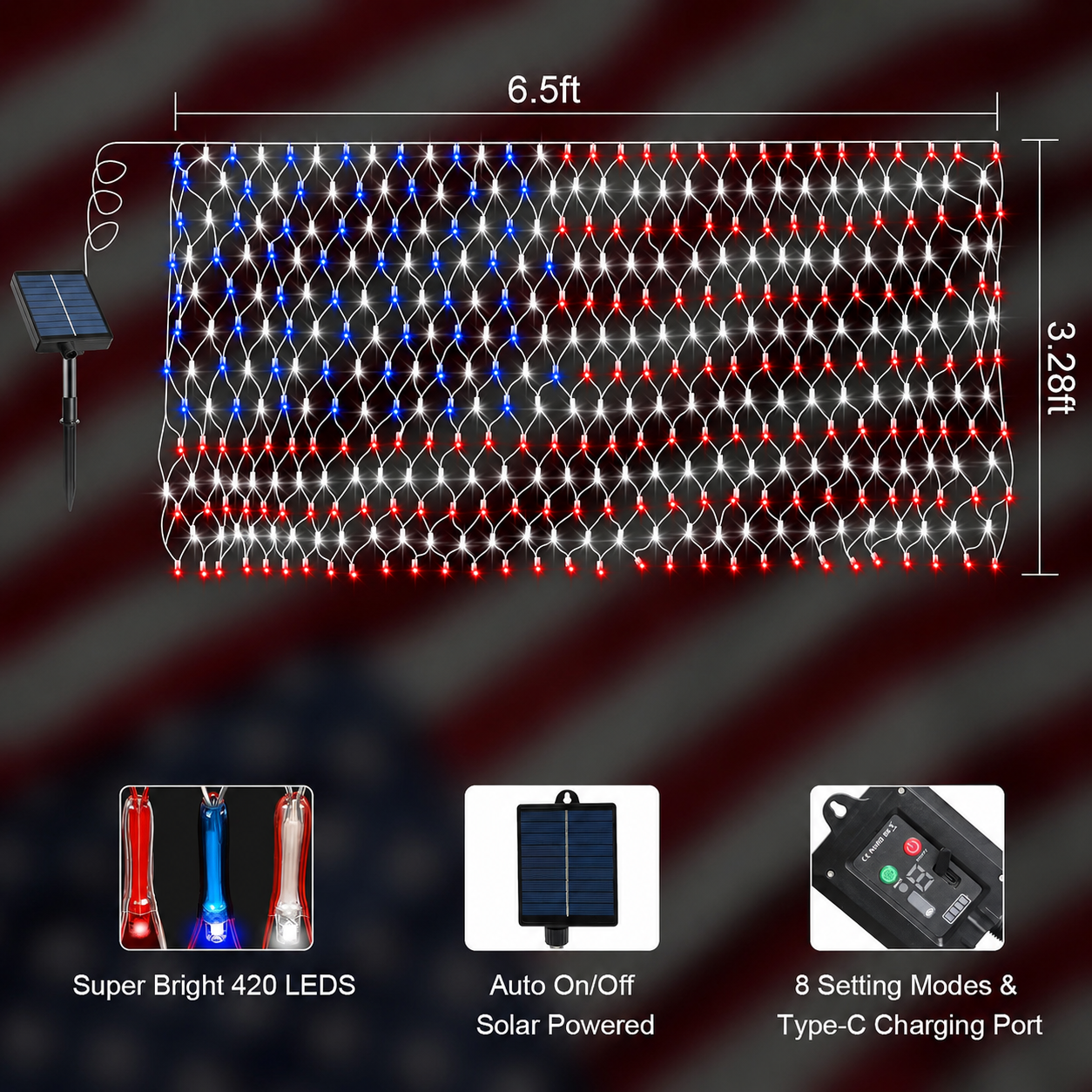 Solar American Flag Net Lights