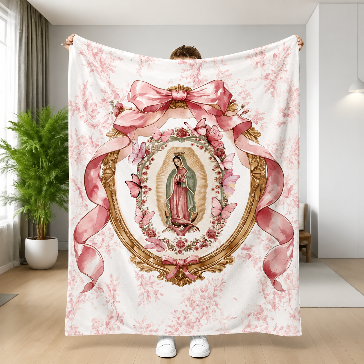 Virgin Mary Lady of Guadalupe Pink Bow Plush Blanket