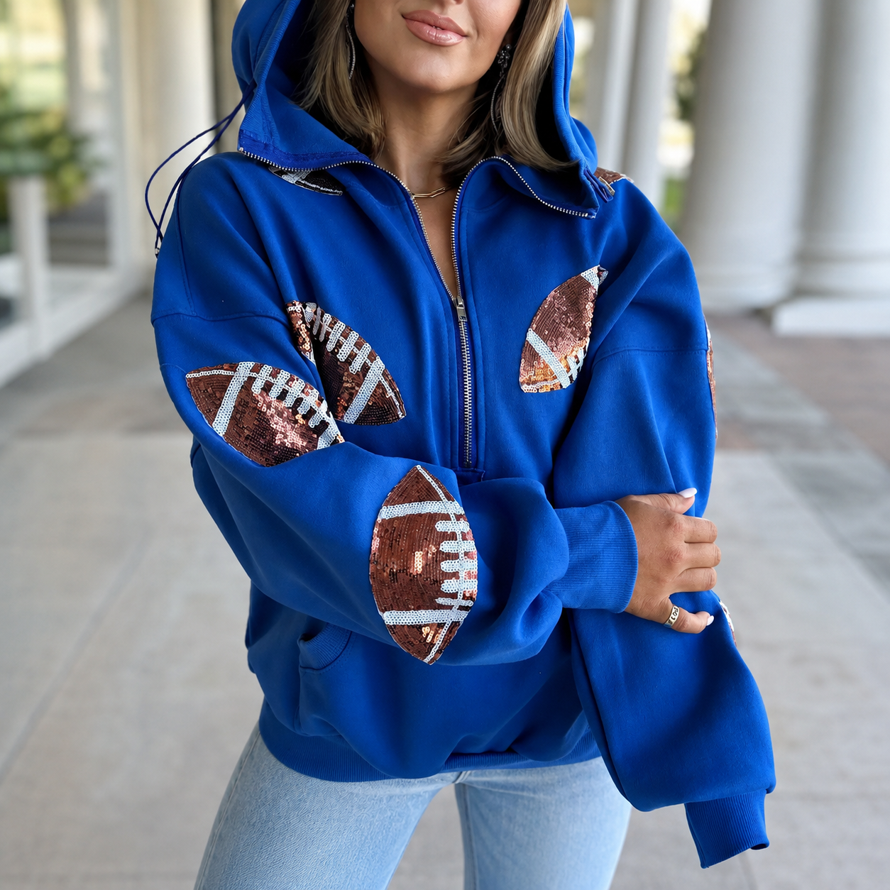 Game Day Sparkle - Sequin Football Half-Zip Hoodie