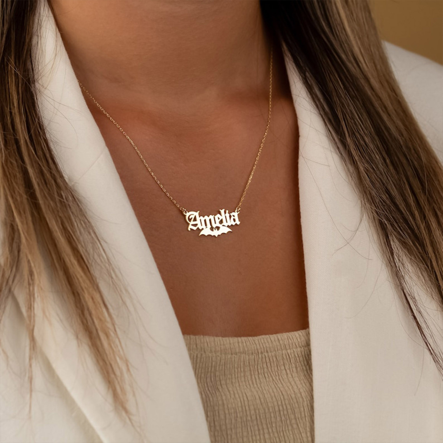 Personalized Custom Halloween Name Necklace With Bat