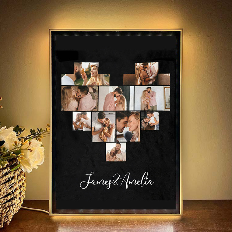 Personalized Family Heart Photos Mirror Light Box