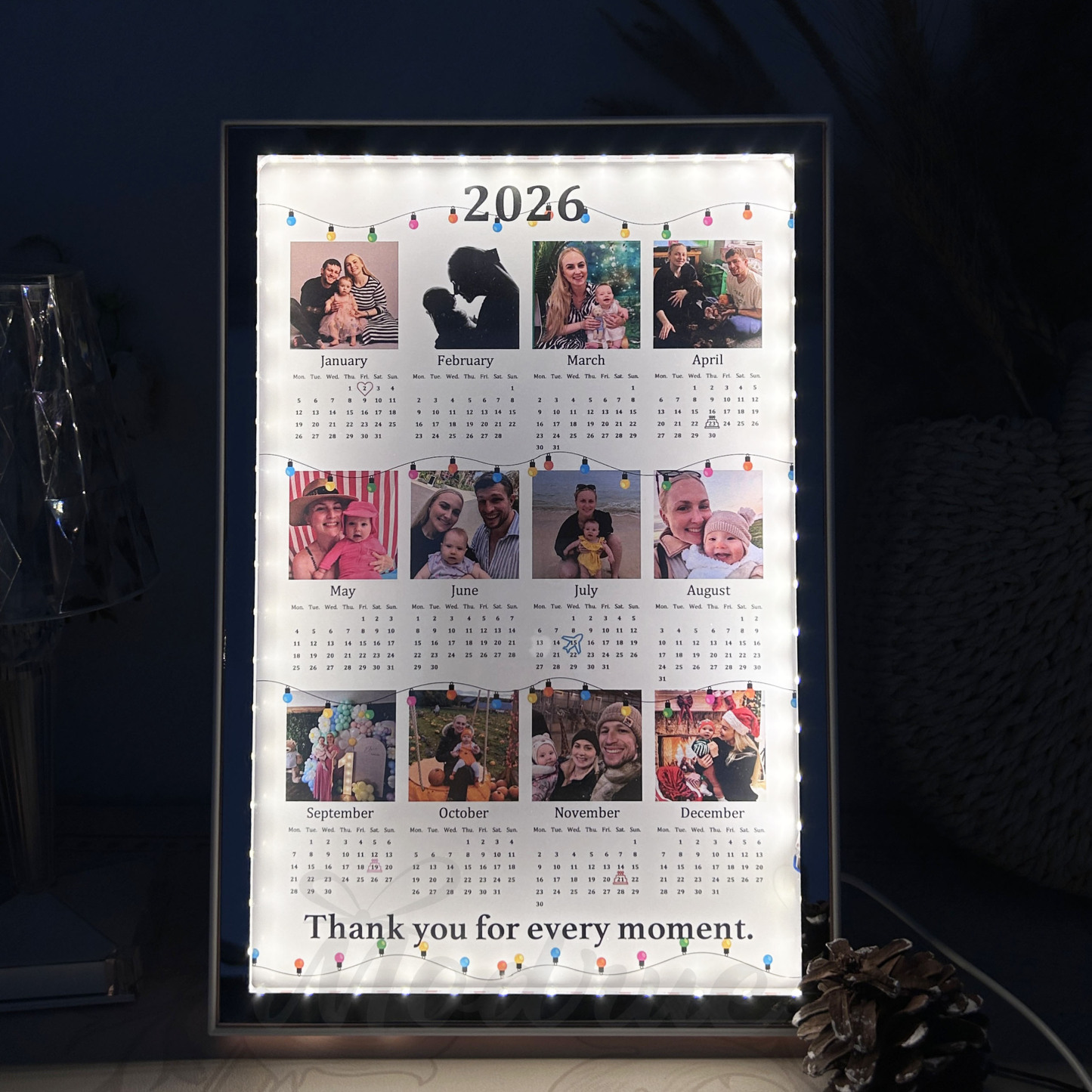 Personalized 2026 Calendar Mirror Light Box with Photo