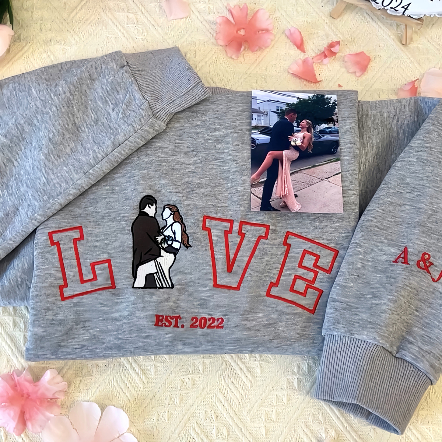 Personalized Embroidered Photo Couple LOVE Est Year Sweatshirt