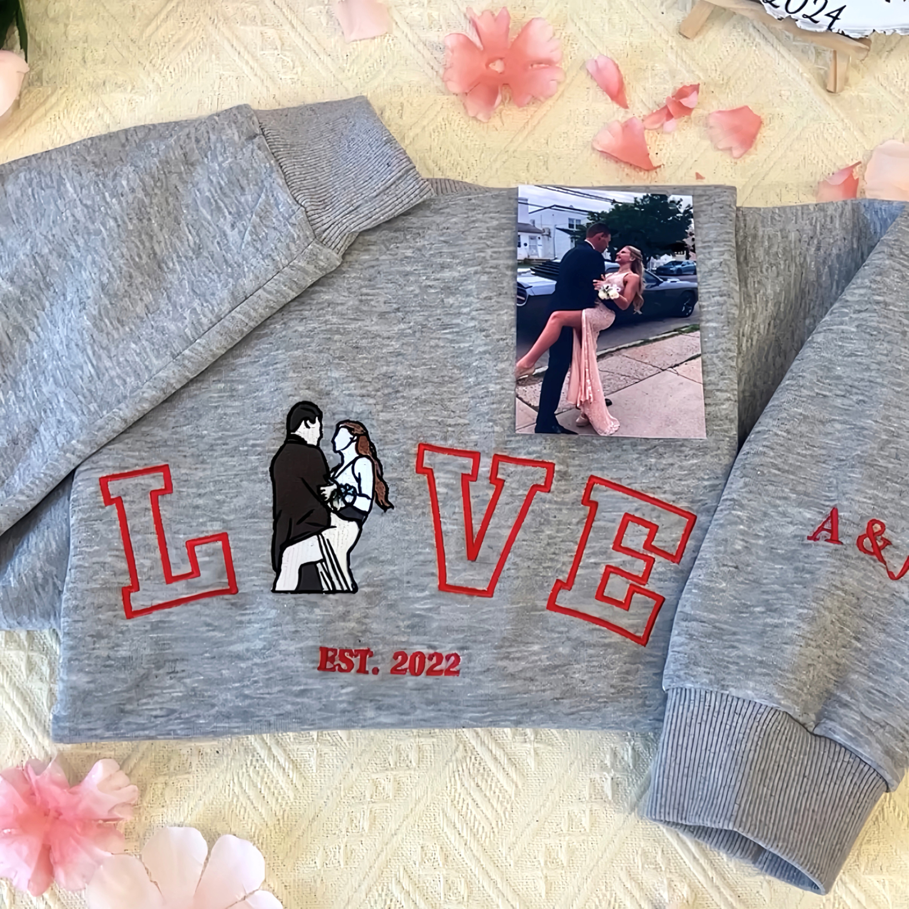 Personalized Embroidered Photo Couple LOVE Est Year Sweatshirt