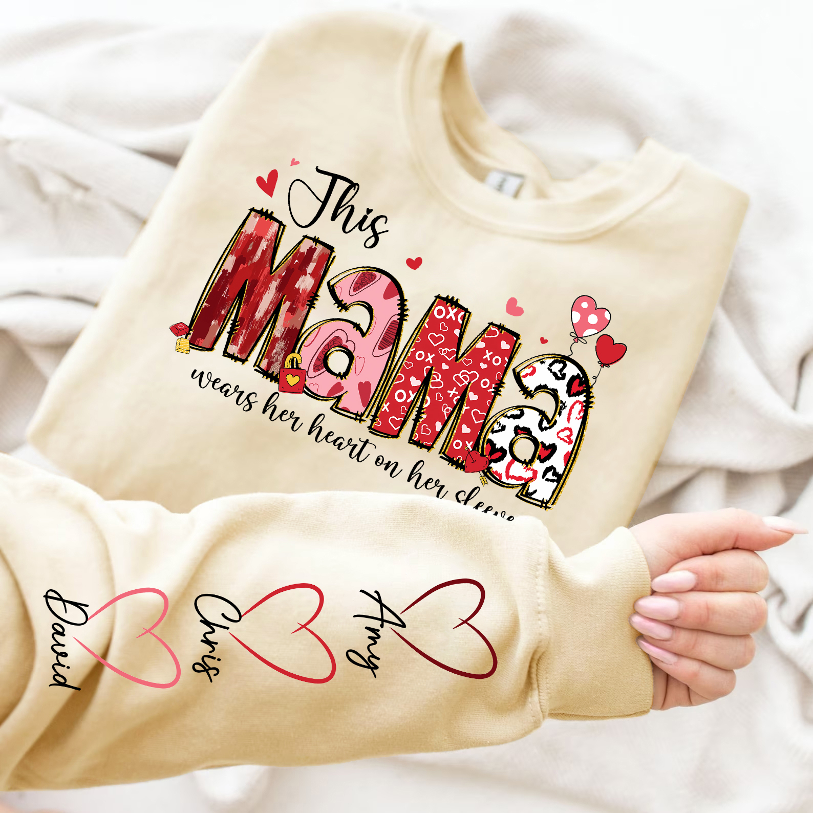 Personalized Heart on Her Sleeve Mom Sweatshirt