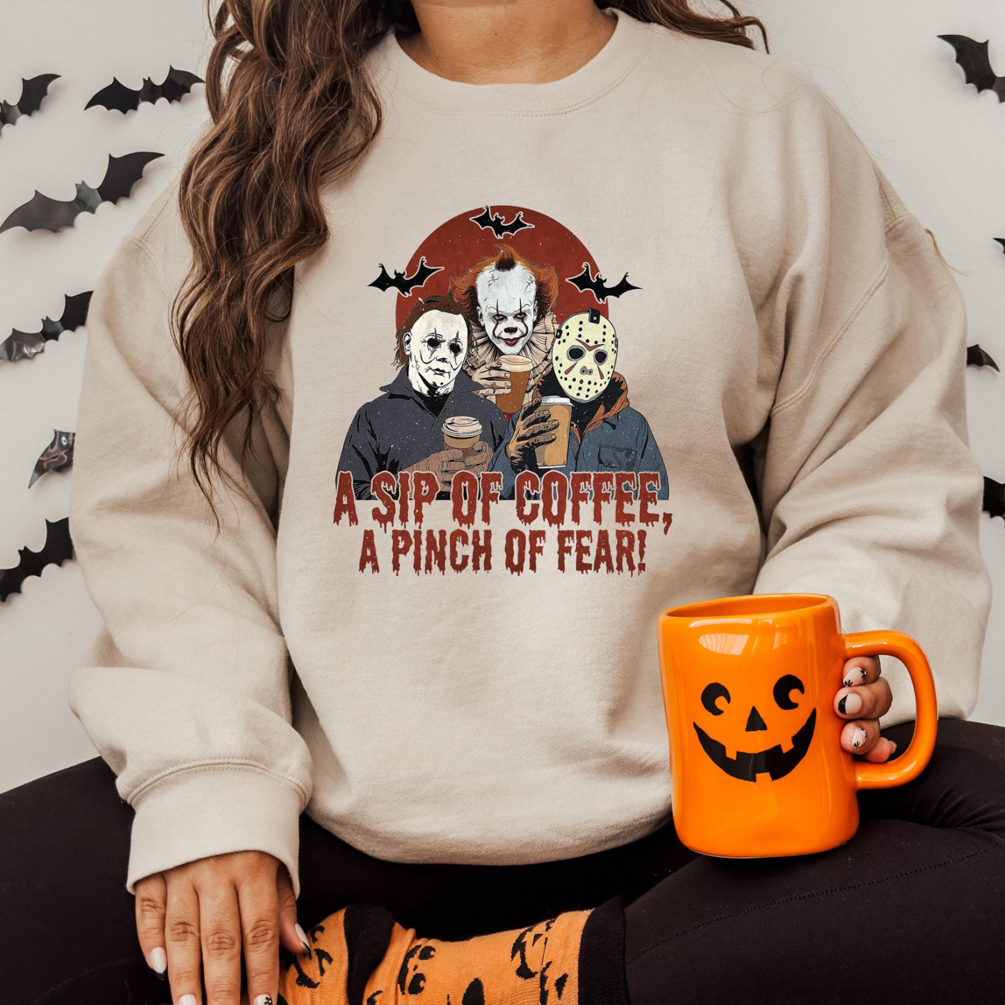 A Sip of Coffee A Pinch of Fear Sweater, Halloween Horror Characters T-shirt